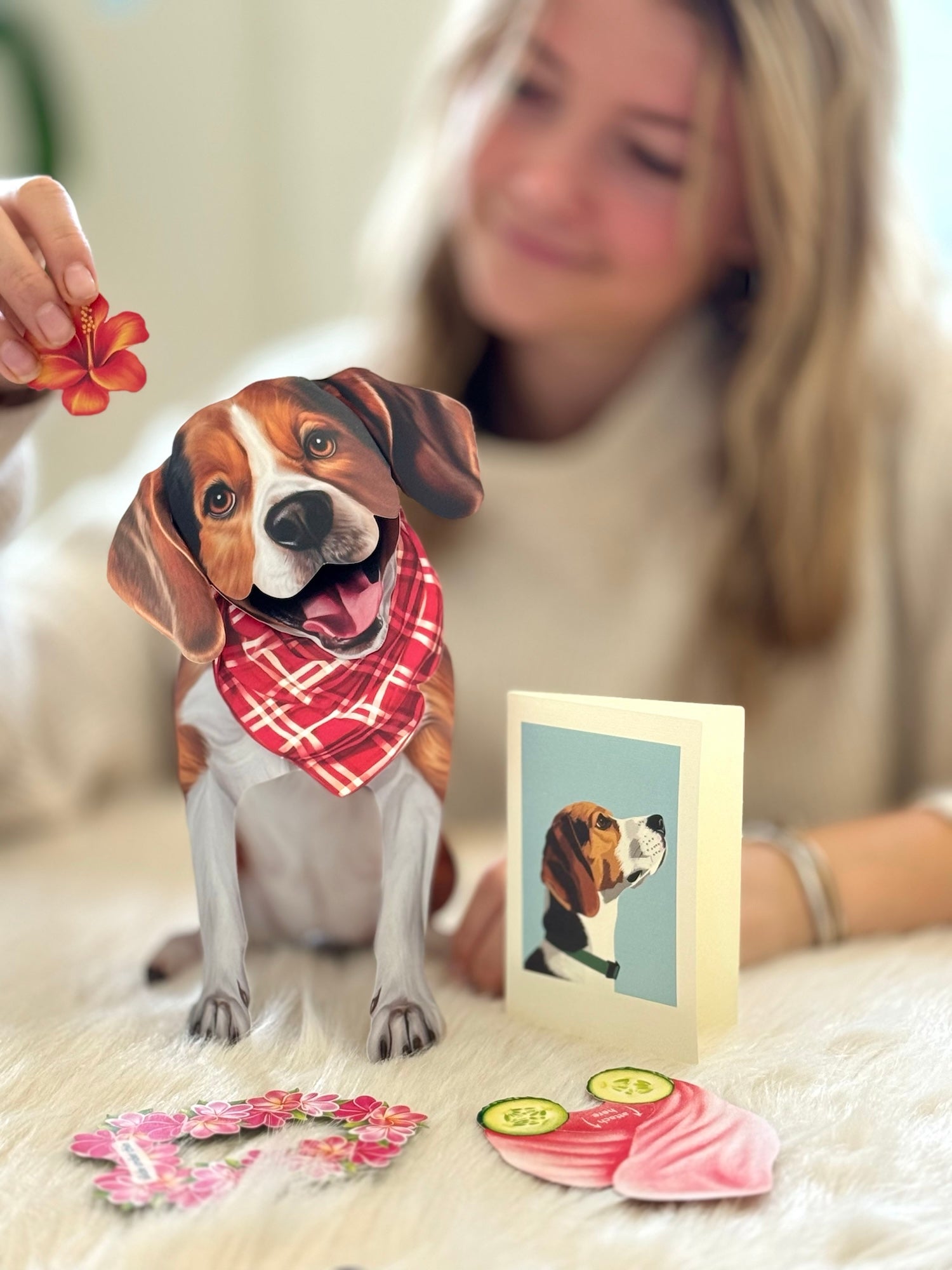 Beagle Pop-Up Pup with matching blank notecard and accessories