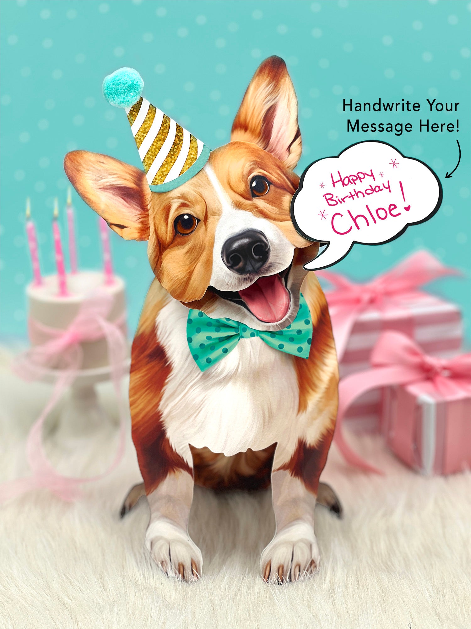 Corgi Pop-Up Pup with birthday accessories
