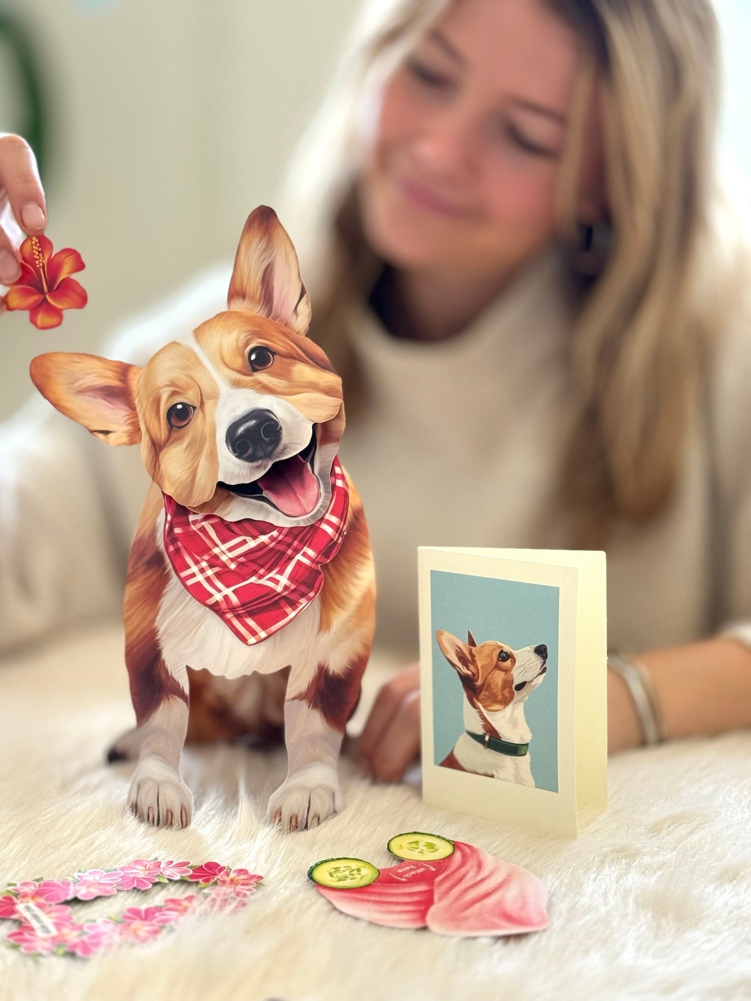 Corgi Pop-Up Pup with matching blank notecard and accessories