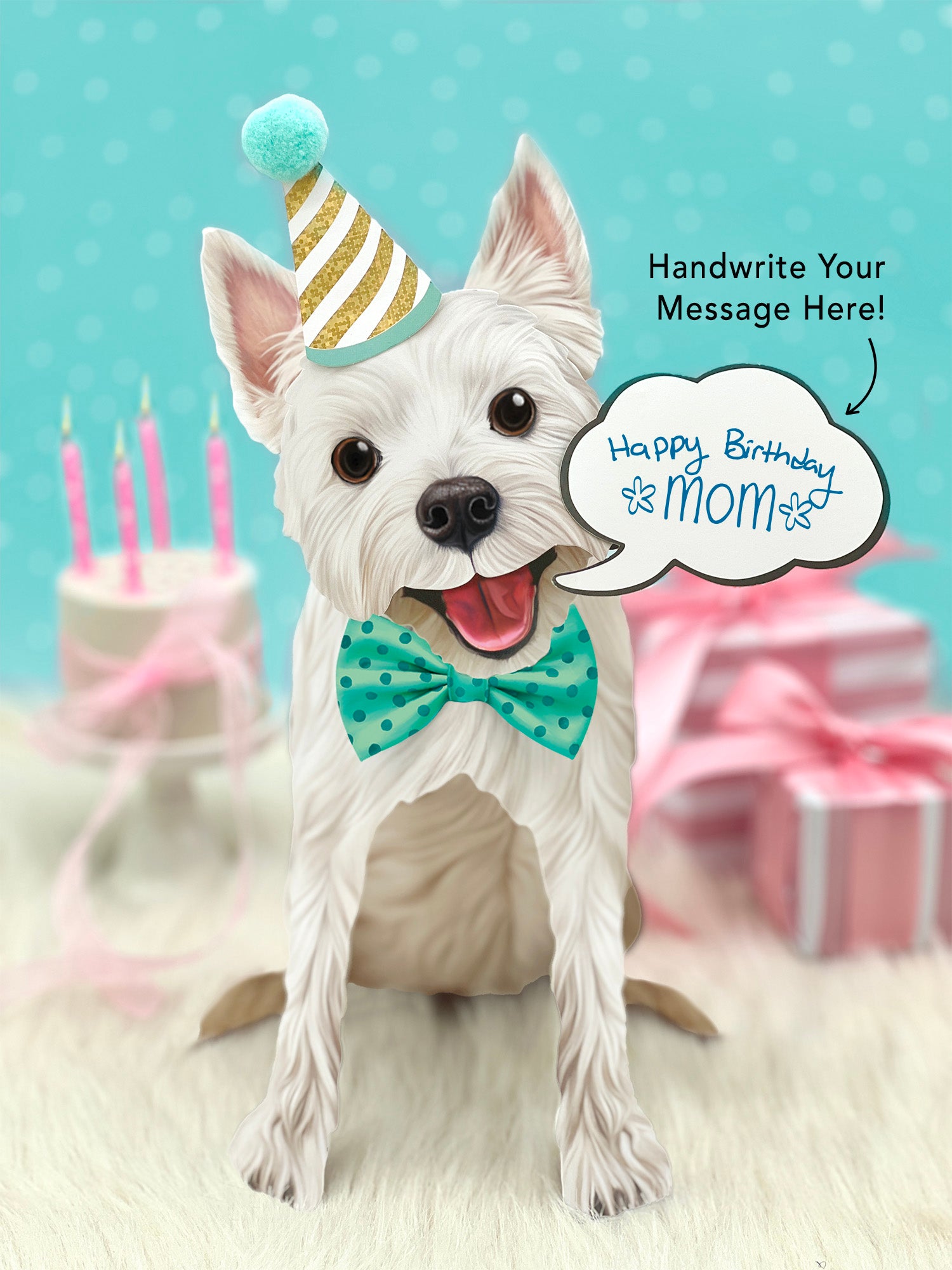 Westie Pop-Up Pup with birthday accessories