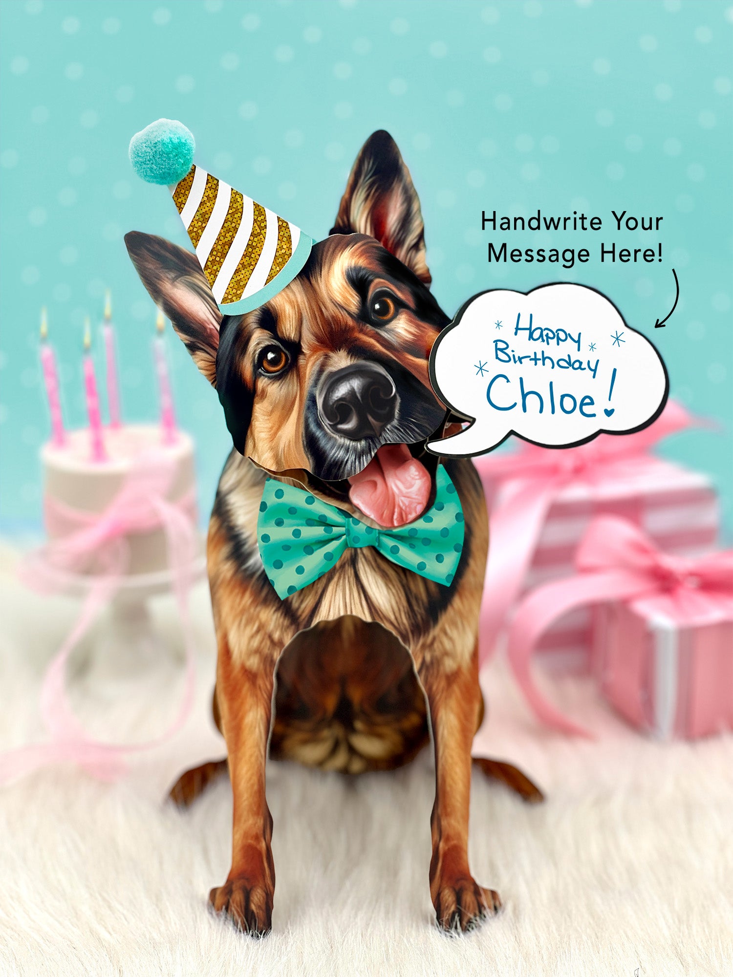 German Shepherd Pop-Up Pup with birthday accessories