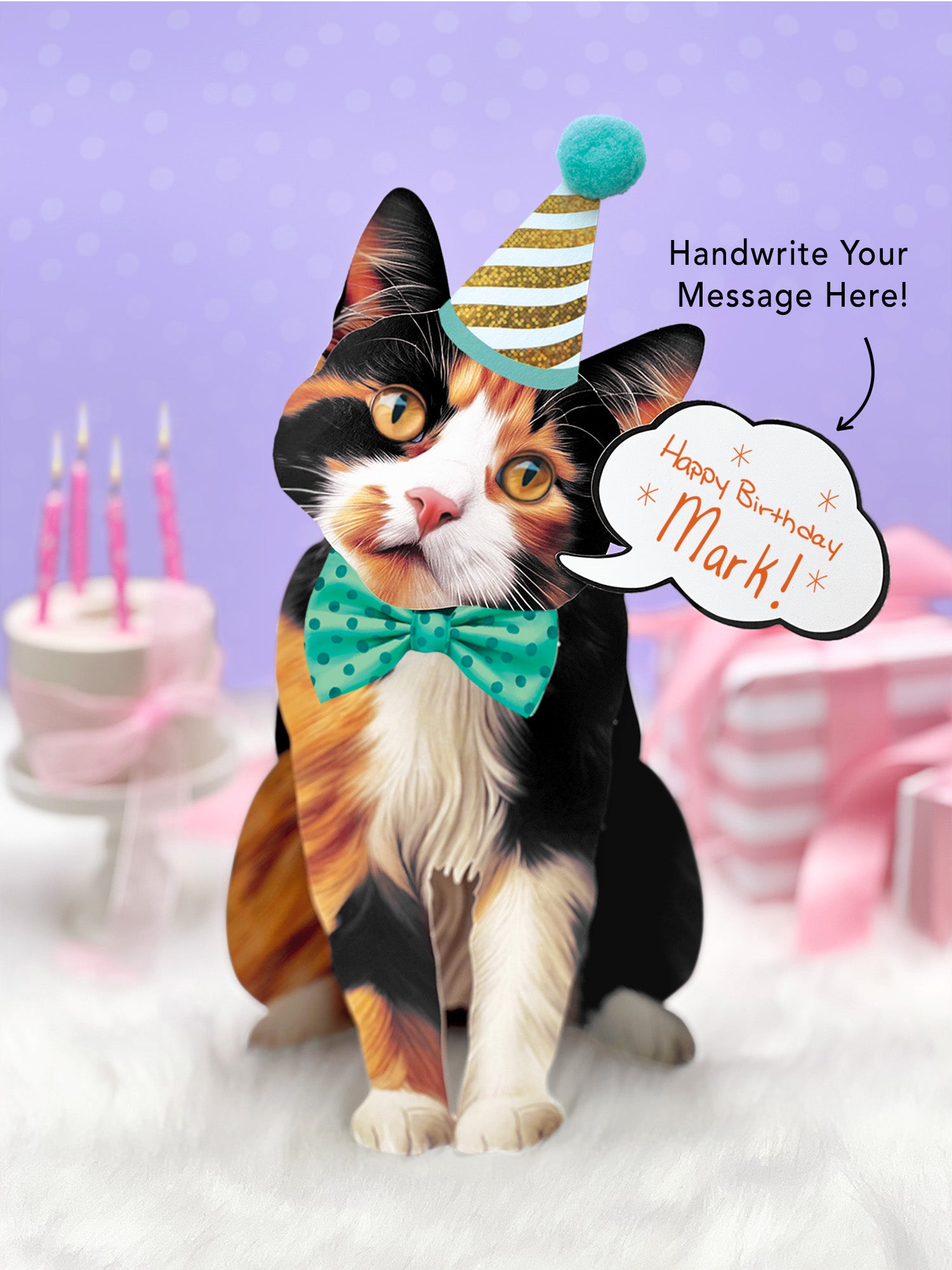 Calico Pop-Up Cat with birthday accessories